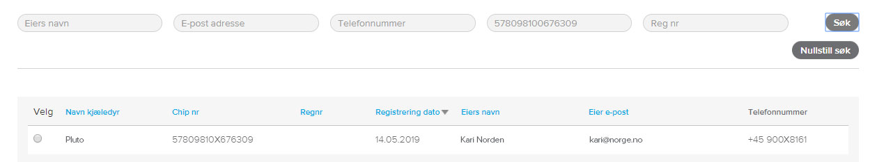 Registrering av nytt dyr / ny eier